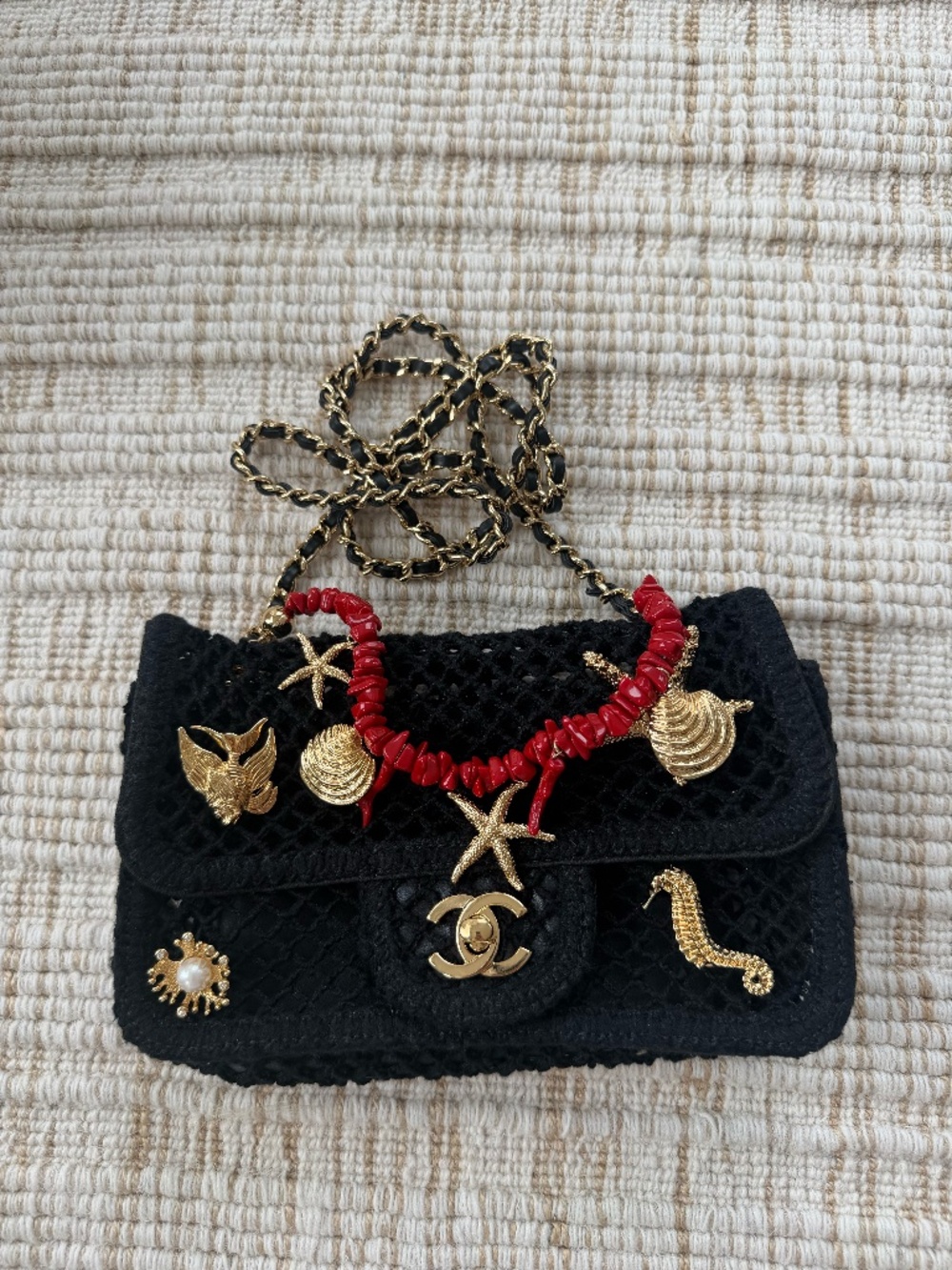 Chanel Summer 2026 Coco Beach Macrame Charms Flap Bag Black Mesh Gold HW NEW